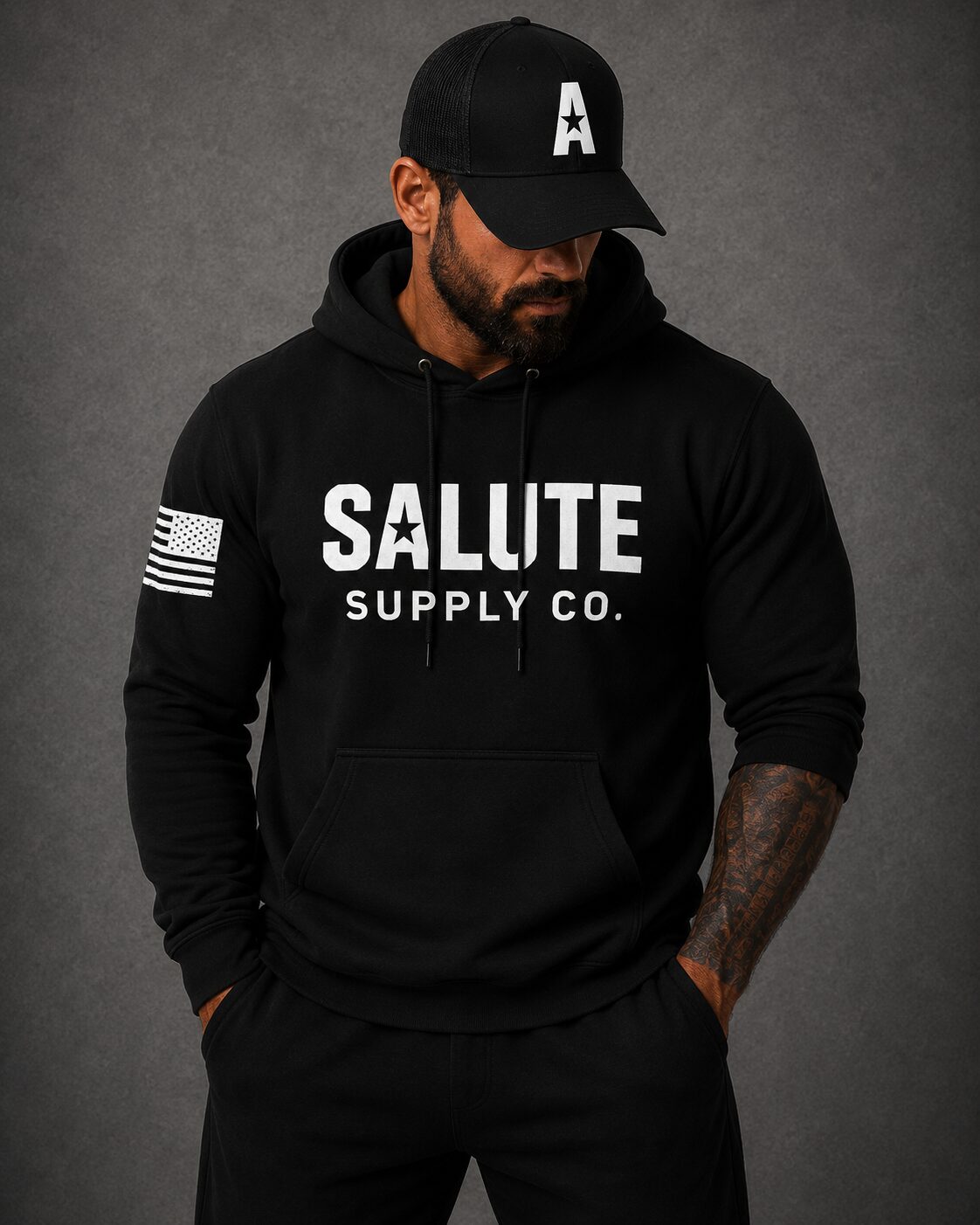 Black Salute Supply Hoodie with Signature A Richardson Mesh Snap Back